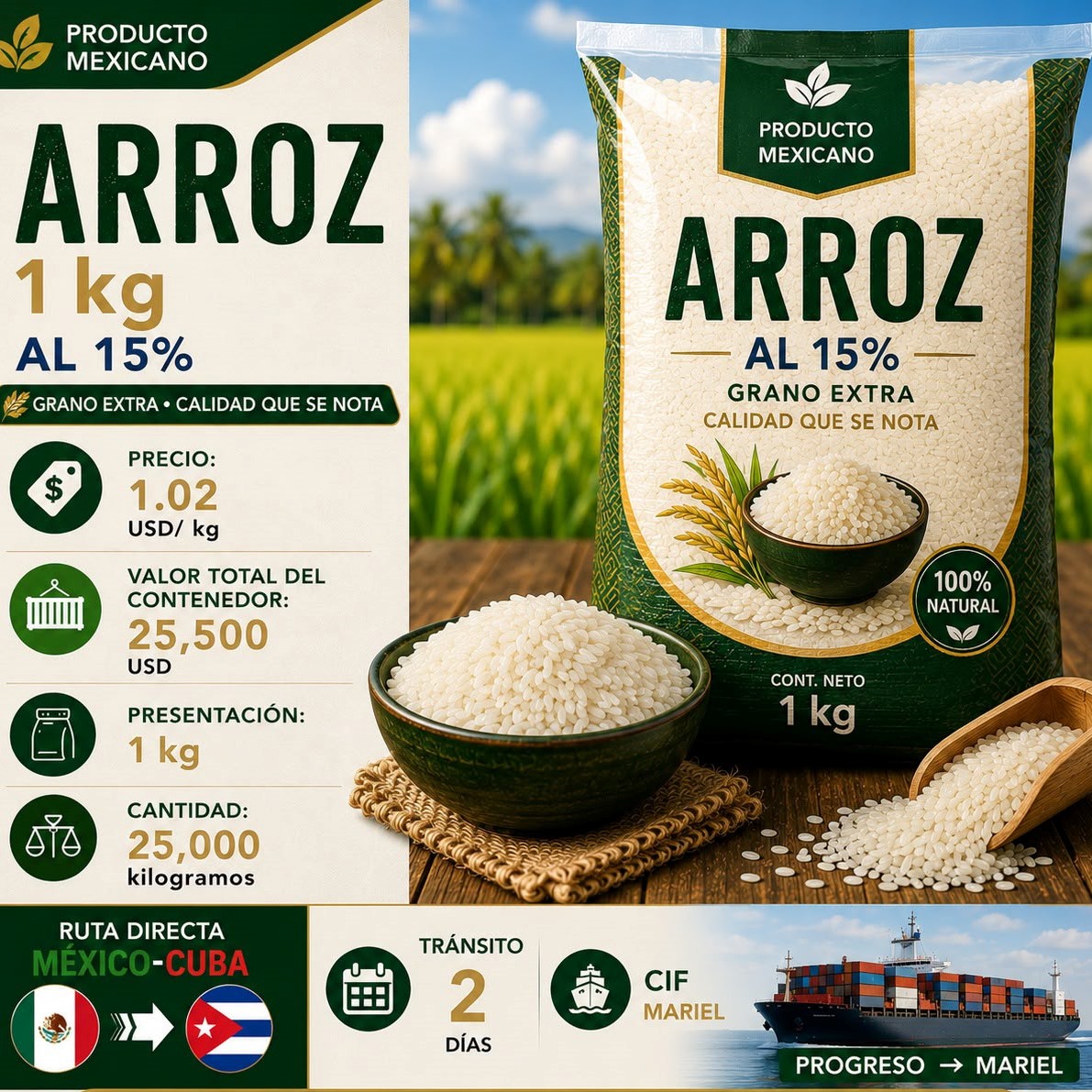 Arroz al 15% Grano Extra (1 kg)
