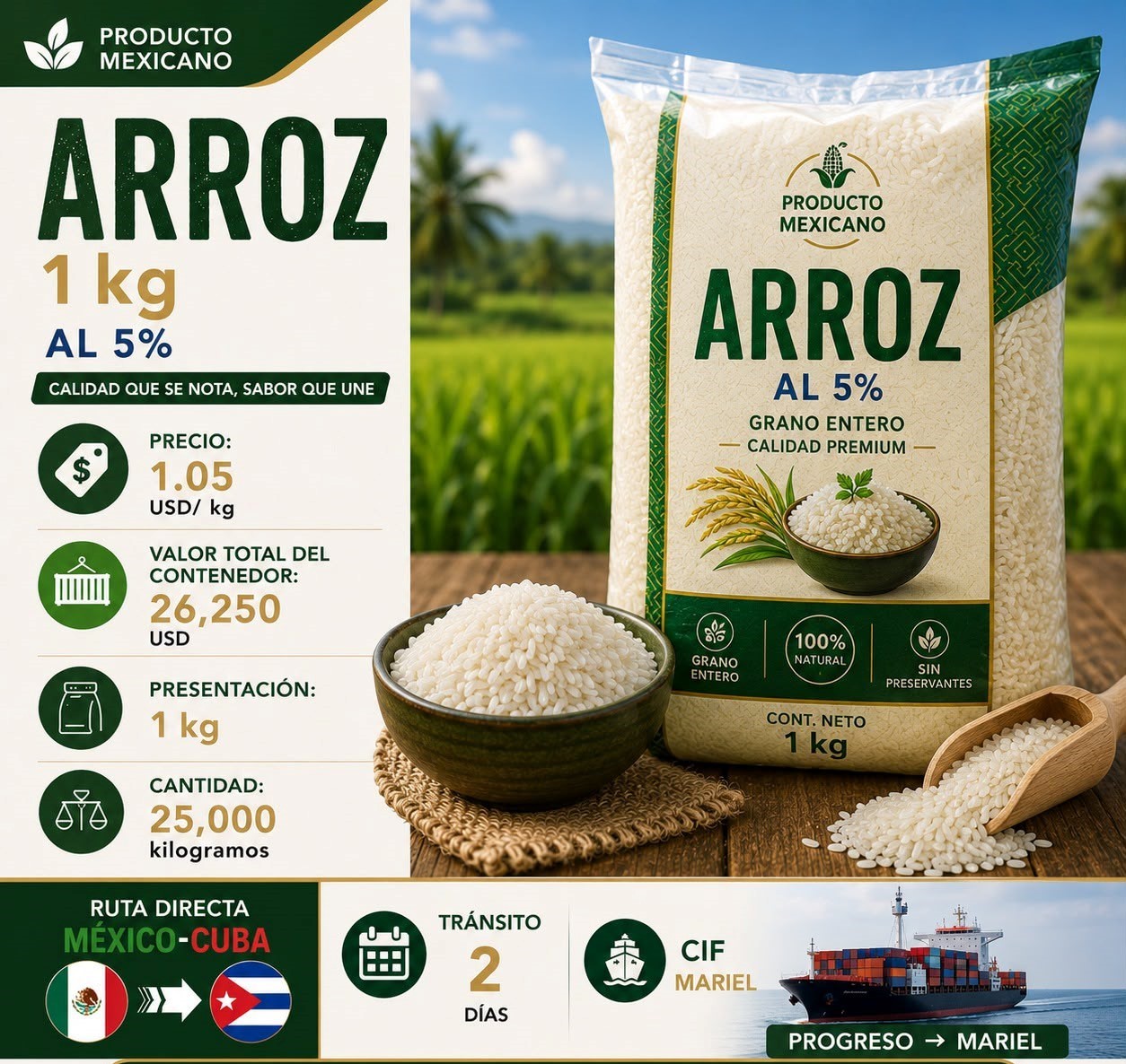 Arroz 1 kg al 5% (Grano Entero)